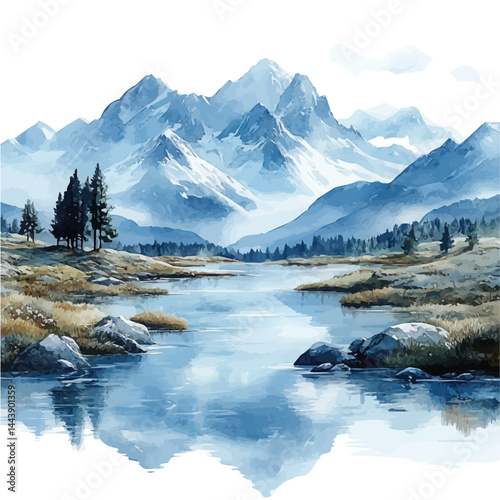Icy Winter Landscape With Snow-capped Trees, vector watercolor illustration, isolated on a white background.