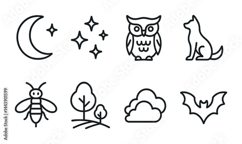 Nighttime nature outline icons set – linear style nocturnal wildlife and forest symbols: moon, stars, owl, wolf, firefly, trees, cloud, bat.