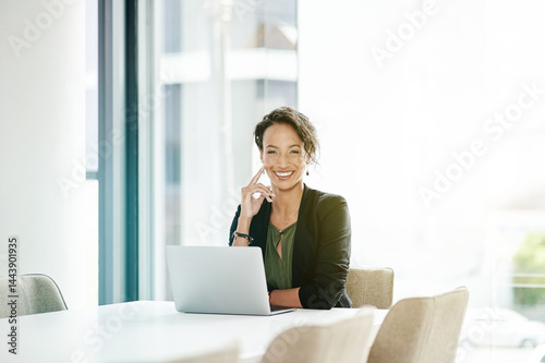 Business, woman and portrait with laptop in office for online risk management and compliance verification. Accounting firm, auditor and happy for fraud reporting, internal auditing control and pride