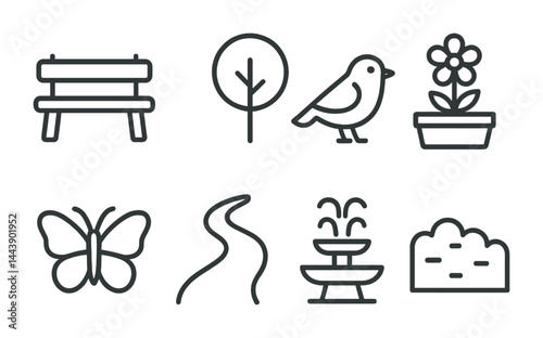 Nature park elements icon set – outline style for outdoor, environment, and recreation design: bench, tree, bird, flower, butterfly, pathway, fountain, bush.