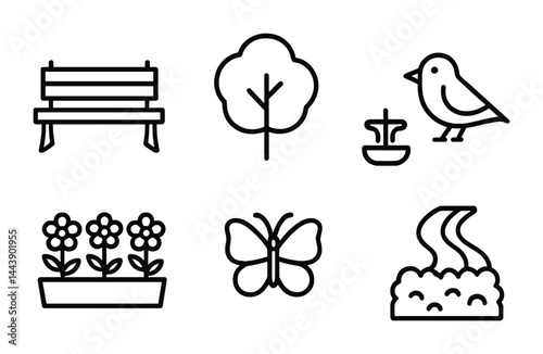 Nature and garden line icons – outline style ecology, outdoor, and wildlife symbols for green living: park bench, tree, bird, flower bed, butterfly, fountain, pond.
