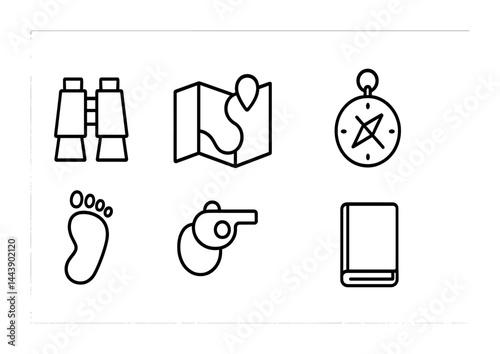 Adventure and exploration outline icon set – linear style travel, nature, and outdoors symbols for journey planning: binoculars, map, compass, footprint, whistle, guidebook