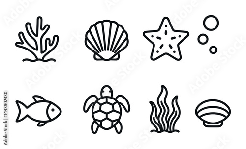 Sea life outline icons set – linear style ocean, marine, and aquatic symbols for design projects: coral, shell, starfish, bubbles, fish, turtle, seaweed, clam.