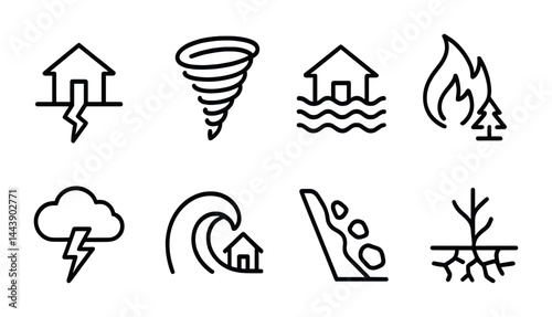 Natural disaster outline icon set – linear style emergency preparedness and safety symbols: earthquake, tornado, flood, wildfire, lightning, tsunami, landslide, drought.
