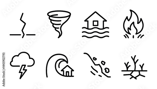 Natural disasters outline icons set – linear style emergency, catastrophe, and weather symbols for safety and awareness: earthquake, tornado, flood, fire, storm, tsunami, landslide, drought.