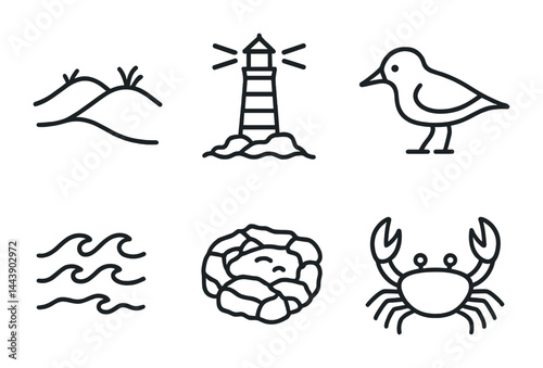 Coastal nature outline icon set – linear style ocean, wildlife, and beach symbols for seaside projects: dunes, lighthouse, seagull, waves, tide pool, crab.