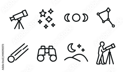 Astronomy linear outline icon set – space exploration, celestial navigation symbols for stargazing: telescope, stars, moon phases, constellation, meteor, binoculars, night sky, observer