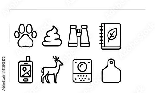 Nature exploration icon set - outline style wildlife, hiking, and outdoor symbols for adventure enthusiasts: paw print, animal tracks, binoculars, field notebook, gps device, deer, compass, cutting