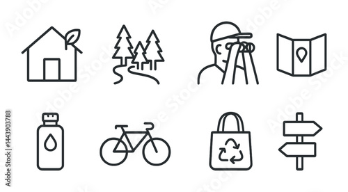 Eco-friendly tourism linear icons – sustainable travel, nature adventure, and eco exploration symbols: eco-home, forest, hiker, map, water bottle, bicycle, reusable bag, signs.