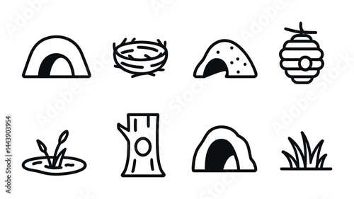 Animal habitats outline icons set – linear style wildlife, nature, and ecosystem symbols for educational use: cave, nest, burrow, hive, den, pond, tree, grass.