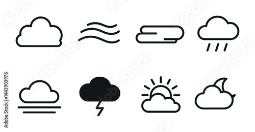 Weather forecast outline icons set – linear climate, meteorology, and atmospheric symbols: cloud, wind, fog, rain, foggy, storm, sun, moon.