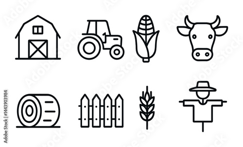 Farm and agriculture icon set – outline style rural, farming, and harvest symbols for eco projects: barn, tractor, corn, cow, hay bale, fence, wheat, scarecrow.