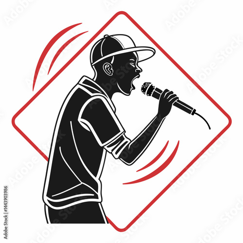Rapper With Microphone Expressive Music Black And White Vector Illustration