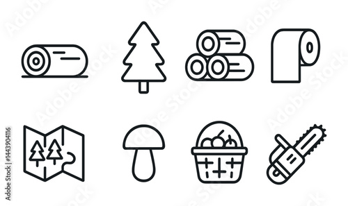 Forestry and lumber linear icons – outline style nature, logging, and woodland symbols for environmental design: log, tree, woodpile, paper, map, mushroom, basket, chainsaw.