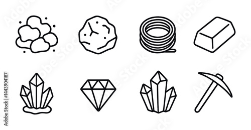Mining and mineral resource icons set – outline style geology, extraction, and industry symbols for resource management: gold nugget, gemstone, diamond, rope coil, metal bar, crystal, rocks, pickaxe.