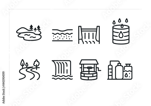 Water resources and environmental conservation icons set - outline style symbols for sustainability, ecology, and nature preservation: lake, pond, dam, candle, well, waterfall, nature trail, water