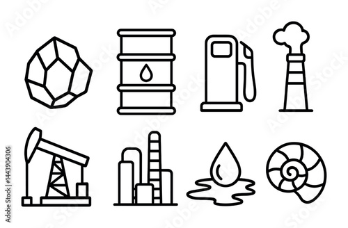 Energy and natural resources icon set – outline style eco, industry, and fuel symbols for sustainability: oil barrel, gas pump, refinery, gemstone, drilling rig, fossil.