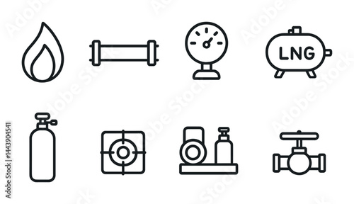 Natural gas industry outline icons set – line style energy, utilities, and technology symbols for resource management: flame, pipeline, gauge, lng tank, cylinder, burner, valve.