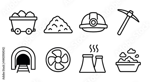 Mining industry icons set – outline style mining equipment, extraction, and tools symbols for resource exploration: minecart, ore pile, hard hat, pickaxe, tunnel, fan, cooling towers, sediment basin.