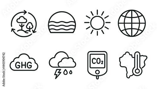 Environmental and climate change icon set – outline style sustainability, conservation, and ecology symbols for awareness: recycling, ocean, sun, globe, ghg, storm, co2, temperature.