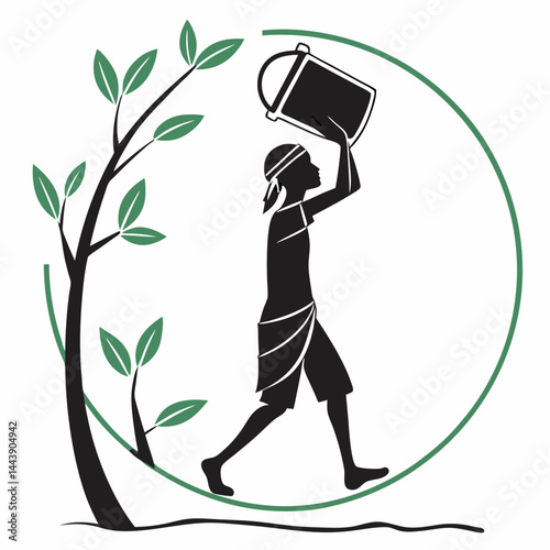 Woman Carrying Water Vector Illustration Promoting Environmental Awareness And Sustainability