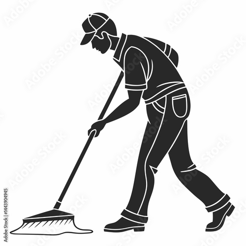 Silhouette Of A Man Mopping The Floor With Broom Vector Illustration