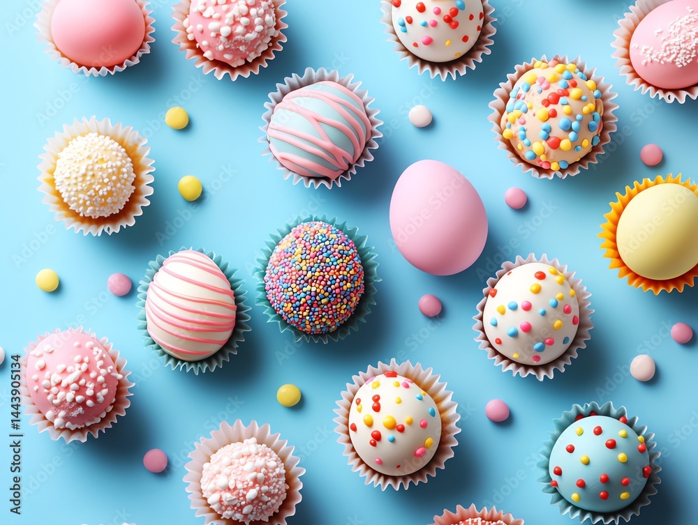 Obraz premium Colorful Easter egg candies blue background