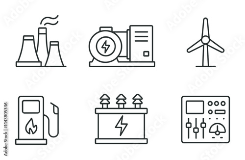 Energy and power outline icon set – linear style sustainable technology, industry, and renewable resources symbols: factory, generator, wind turbine, fuel pump, transformer, control panel.