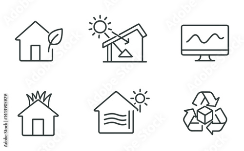 Eco-friendly home and sustainability icons - outline style for green building, energy efficiency, and environmental conservation: solar panel house, recycling symbol, green roof, eco home, energy