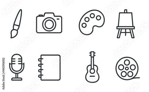 Creative arts outline icon set – linear style for design, media, and entertainment projects: paintbrush, camera, palette, easel, microphone, notebook, guitar, film reel.