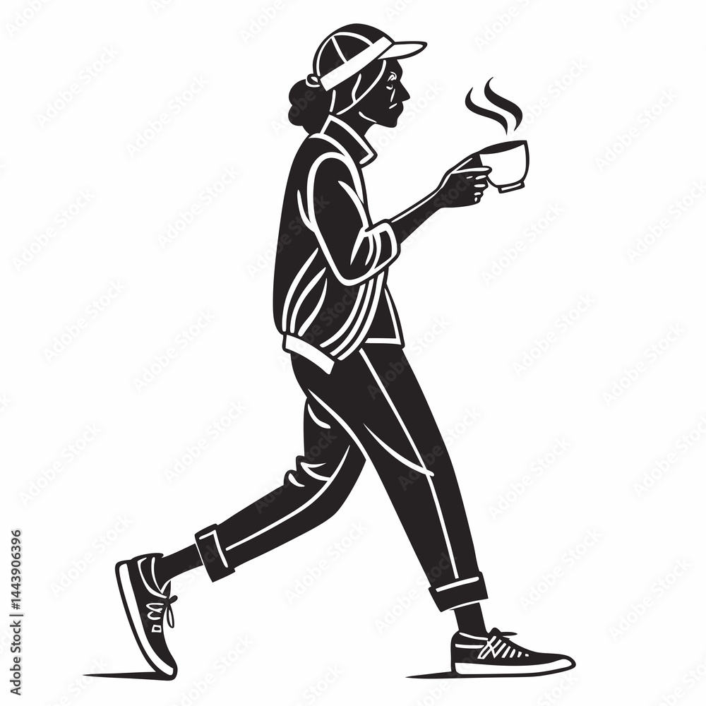 Fototapeta premium Person Walking And Holding Coffee Cup Illustration In Modern Athletic Casual Style