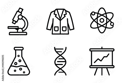 Science and education linear icons set – outline style chemistry, research, and academic symbols for learning: microscope, lab coat, atom, beaker, dna, presentation board.