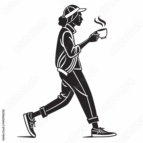 Person Walking And Holding Coffee Cup Illustration In Modern Athletic Casual Style