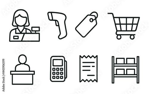 Retail and shopping icon set – outline style for e-commerce and business: cashier, barcode scanner, price tag, shopping cart, customer, credit card machine, receipt, shelves