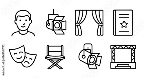 Theater and entertainment line icons set – outline style drama, performance, and stage symbols for creative projects: actor, spotlight, curtains, script, masks, director's chair, spotlight, stage.