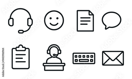 Customer support icons set - outline style for service, communication, and helpdesk needs: headset, smiley face, document, speech bubble, clipboard, operator, keyboard, envelope