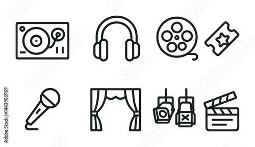 Entertainment and music line icons set – outline style for event planning and media design: turntable, headphones, film reel, ticket, microphone, stage curtain, walkie-talkie
