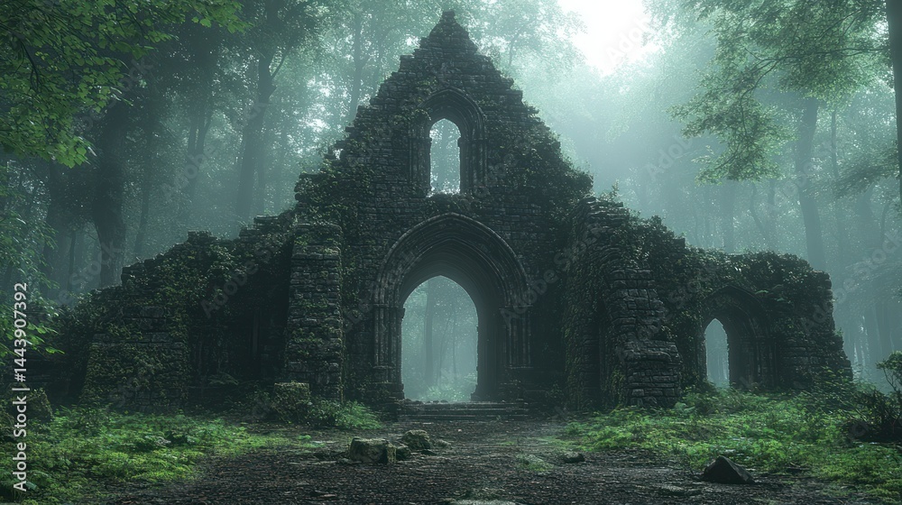 Obraz premium Ruined abbey in misty forest