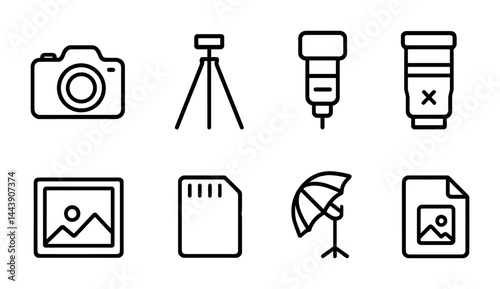 Photography equipment icon set – line style camera, lens, and accessories for creative projects: camera, tripod, lens, memory card, photo, umbrella, filter, gallery