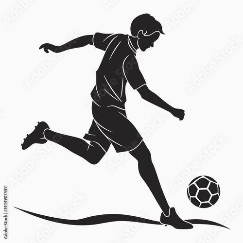 Soccer Player Silhouette Kicking Ball With Dynamic Movement In Monochrome Vector Graphic