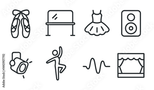 Ballet dance icons set – outline style for performance, art, and music themes: ballet shoes, mirror, tutu, speaker, spotlight, dancer, sound wave, stage