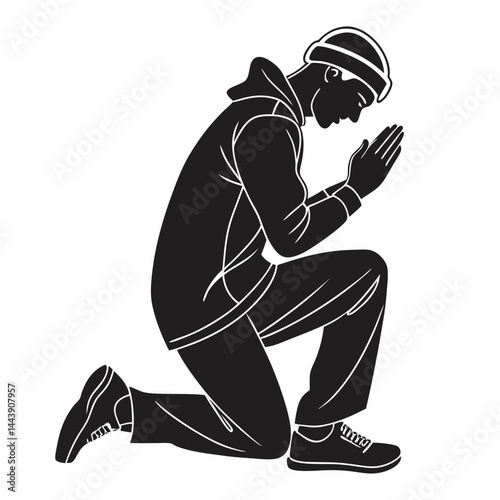 Silhouette Of Man Kneeling In Prayer In Black And White Vector Image