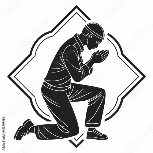 Monochromatic Illustration Of Muslim Man Praying On Knees With Decorative Frame