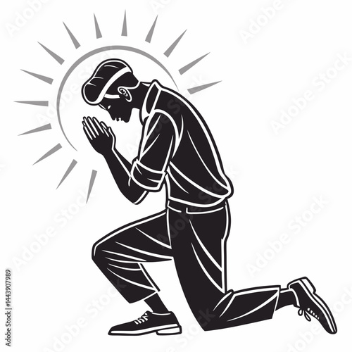 Man On His Knees Praying In Graphic Black And White Illustration