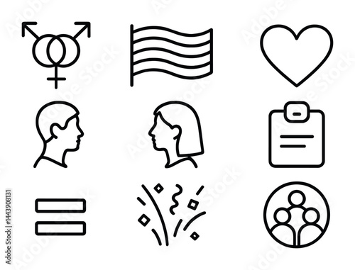 Diversity and inclusion line icons set – outline style for equality and community engagement: gender symbol, pride flag, heart, diverse faces, equal sign, confetti, group.