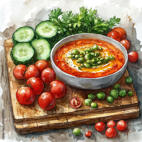watercolor of Hummus Surrounded By Vegetables, vector, isolated on a white background.