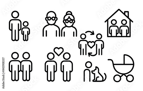 Family and relationship line icons set – outline style for connection, community, and support: family, couple, house, adoption, child, elderly, pet, stroller.