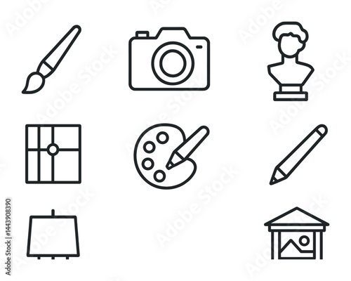Art and creativity line icons set – outline style design, inspiration, and craft symbols for artists: paintbrush, camera, sculpture, palette, pencil, canvas, gallery.