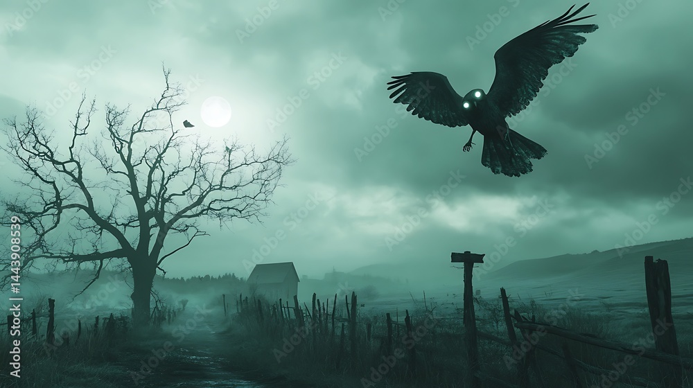 Obraz premium Dark bird flying over misty landscape