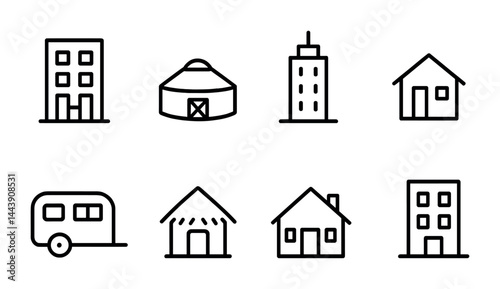Real estate and housing icon set – line style for property, building, and architecture design: apartment, yurt, skyscraper, house, trailer, hut, cottage, urban building.